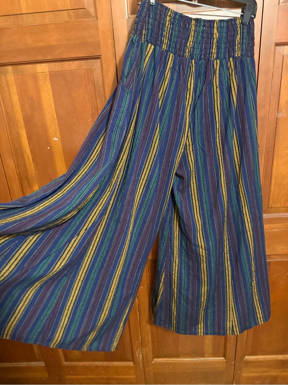 Sz M/L Boho Wide Leg Cotton Palazzo Pants Smocked Waist Pockets Festival Hippie